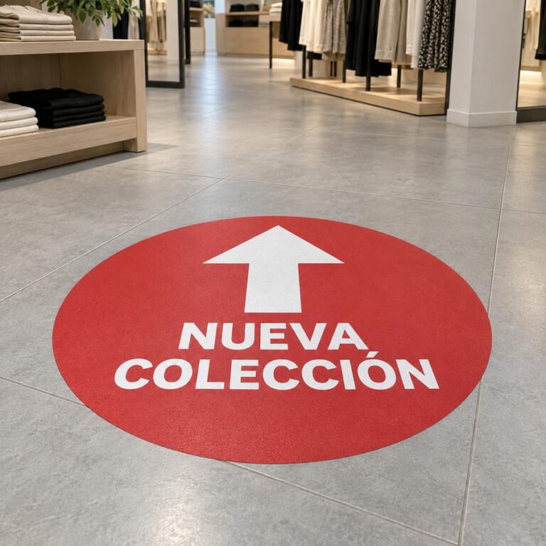 Vinilo de suelo antideslizante circular rojo con flecha y mensaje Nueva colección en una tienda.