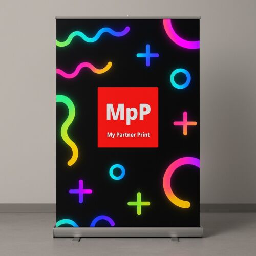 Roll-Up 150x200 con diseño geométrico en tintas NEON sobre fondo negro - My Partner Print