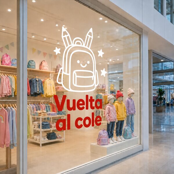 Mochila escolar blanca y texto rojo Vuelta al cole realizados en vinilo de corte sobre la cristalera de una tienda de ropa infantil.