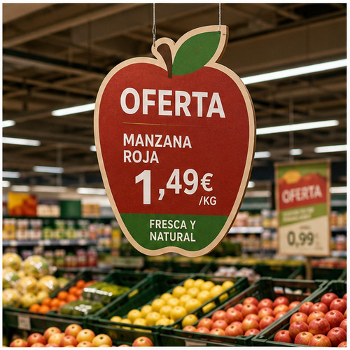 Cartel rígido silueteado con oferta de manzanas