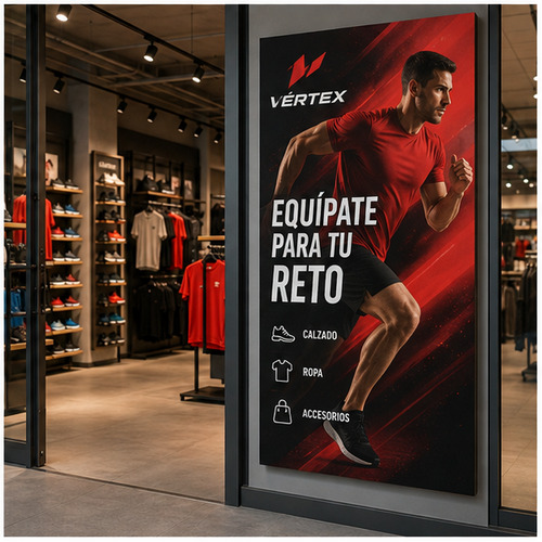 Panel rígido de campaña deportiva en acceso a tienda