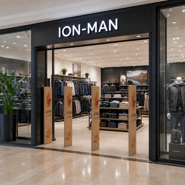 Cuatro cubre alarmas en cartón kraft en la entrada de una tienda de ropa