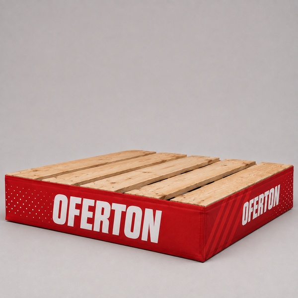 Cubre palet con lona roja personalizada con el texto OFERTON sobre un palet de madera.
