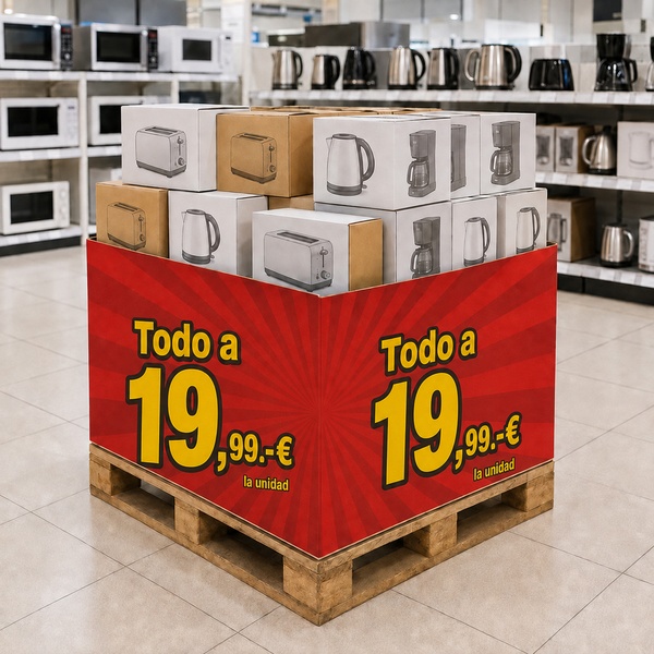 Cubre palet rojo con el mensaje Todo a 19,99.-€ la unidad y cajas de pequeños electrodomésticos en una tienda.