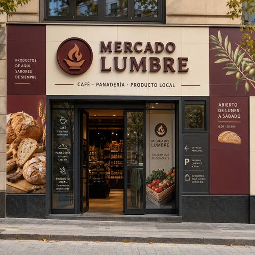 Fachada de Mercado Lumbre con paneles Dibond impresos y logotipo corpóreo de PVC