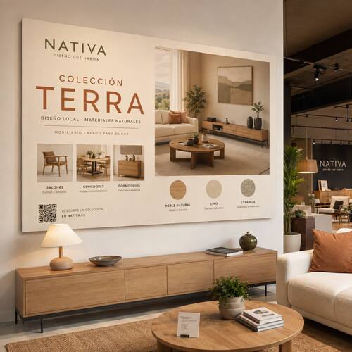 Panel ligero impreso con la campaña Colección Terra en el showroom de mobiliario Nativa